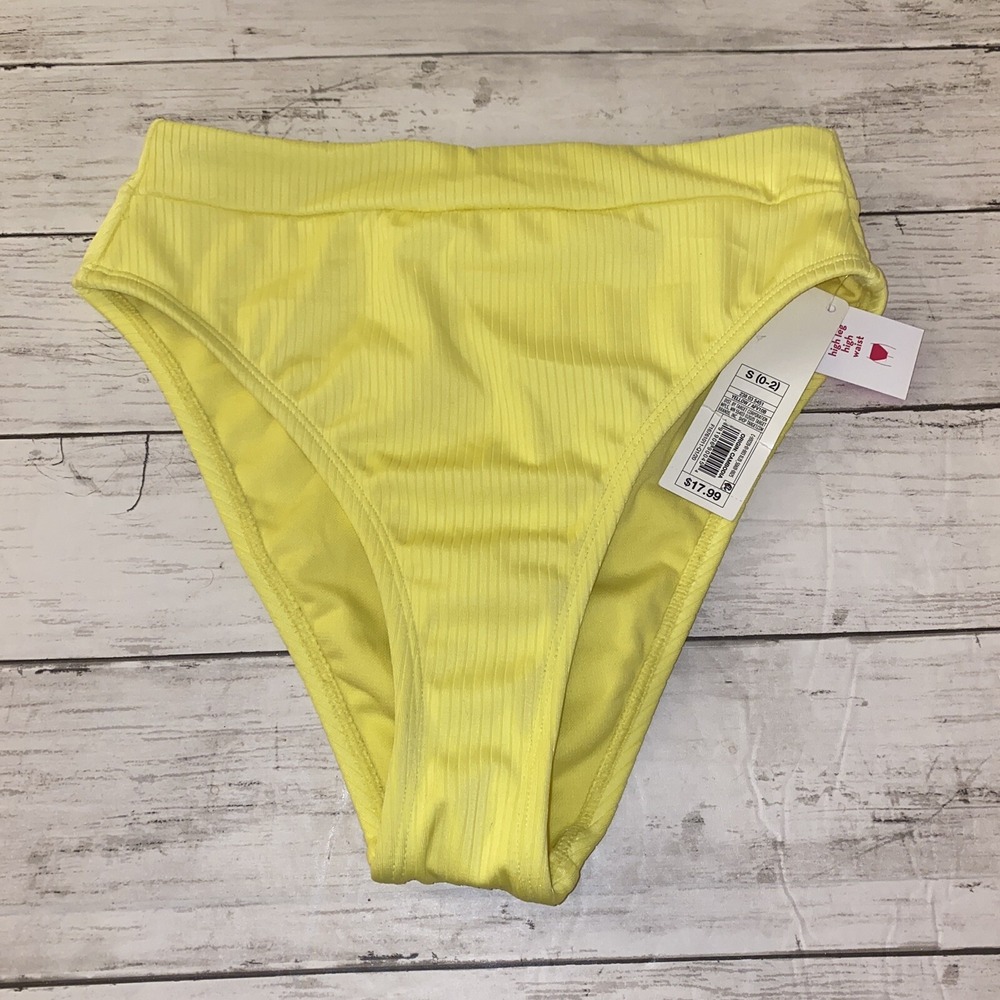 Xhilaration Bikini Bottom Womens Small Yellow Solid Ribbed High Waist Swim S